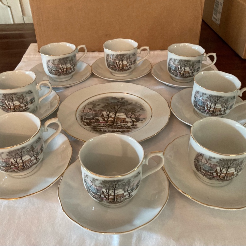 Vintage Winter Scene Porcelain Tea Cup and Saucer Set - White with Gold Trim